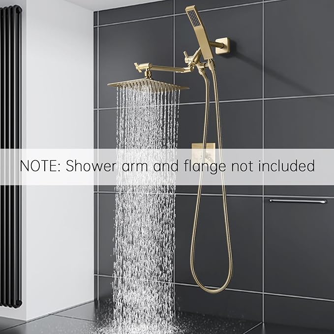 G-Promise All Metal 8-Inch Dual Square Shower Head Combo, Rain Shower Head, Handheld Shower Wand with 71-Inch Extra Long Hose, 3-Way Diverter, Adjustable Extension Arm, Brushed Gold