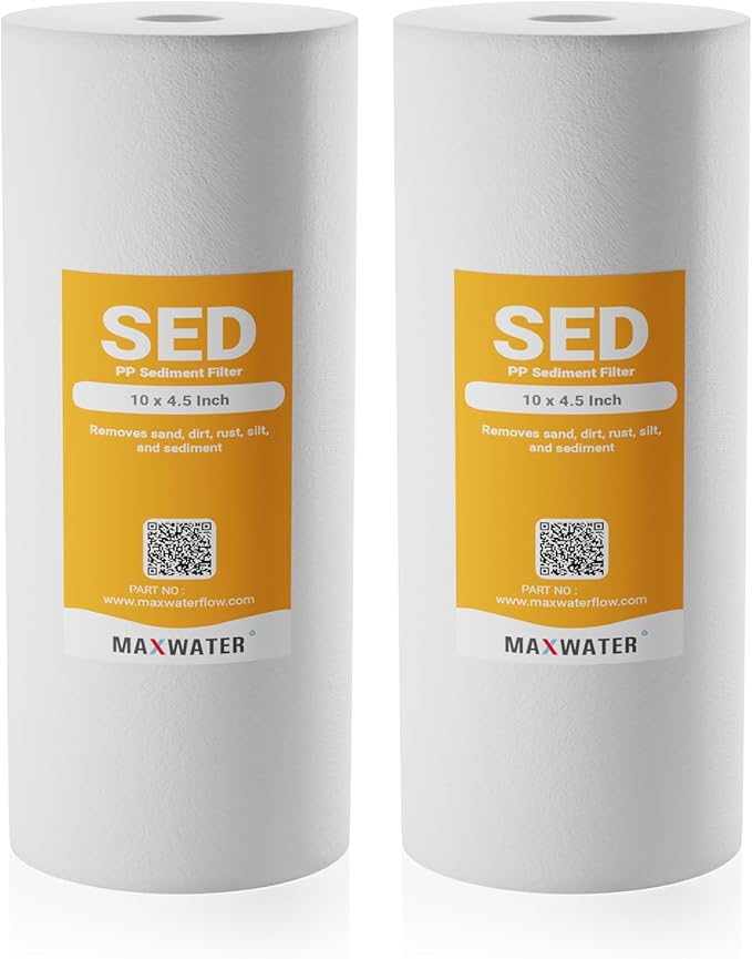 Max Water 10" x 4.5" Whole House Sediment Filter Cartridge Replacement | 1 Micron Melt-Blown Polypropylene Well Water Filter, Compatible with DGD-5005, AP810, WFHD13001B (Pack of 2)