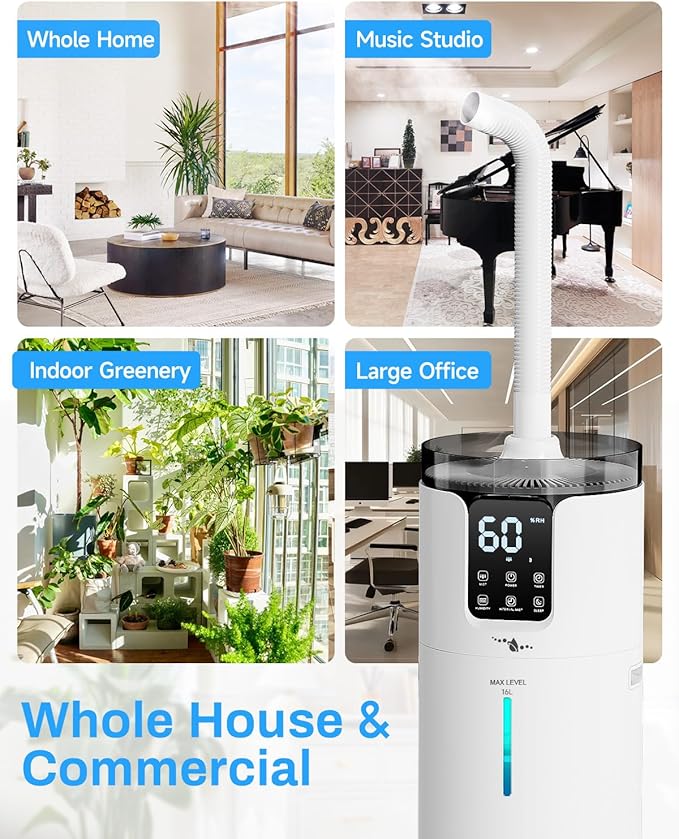 Humidifier Large Room, 4.2 Gal/16L Large Humidifier for 1500 sq.ft, 360° Nozzles Cool Mist Ultrasonic, Top Fill Tower Humidifiers for Bedroom Office Plant wholehouse with Extension Tube, Night Light
