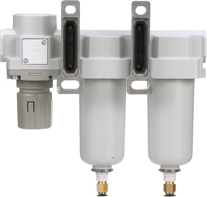 PneumaticPlus SAU430-N06DG-MEP Three Stage Air Drying System Particulate Air Filter, Coalescing Filter, Air Pressure Regulator Combo 3/4" NPT - Metal Bowl, Auto Drain, Bracket, Gauge