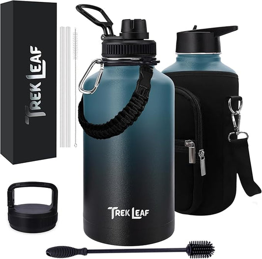 Travel Water Bottle with Carrying Bag, 3 Lids (Spout, Straw, Handle), and Bottle Brush; Leak Proof, Quality, Vacuum Insulated, Stainless Steel (Cascade Shadow, 64 oz)