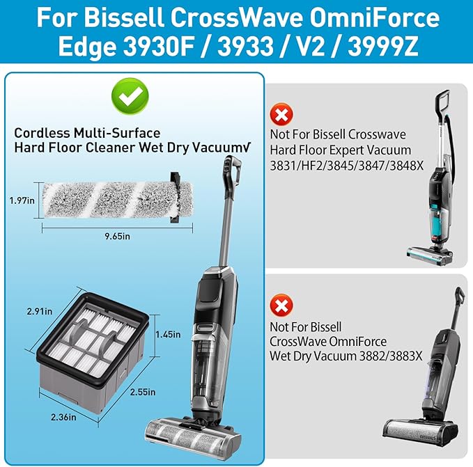 7 Pack Brush and Filter Replacement Kit Compatible with Bissell Cross Wave Omni Force Edge Cordless Wet Dry Vacuum 3930F/3933/V2/3999Z, High-Performance Multi-Surface Hard Floor Cleaner Accessories
