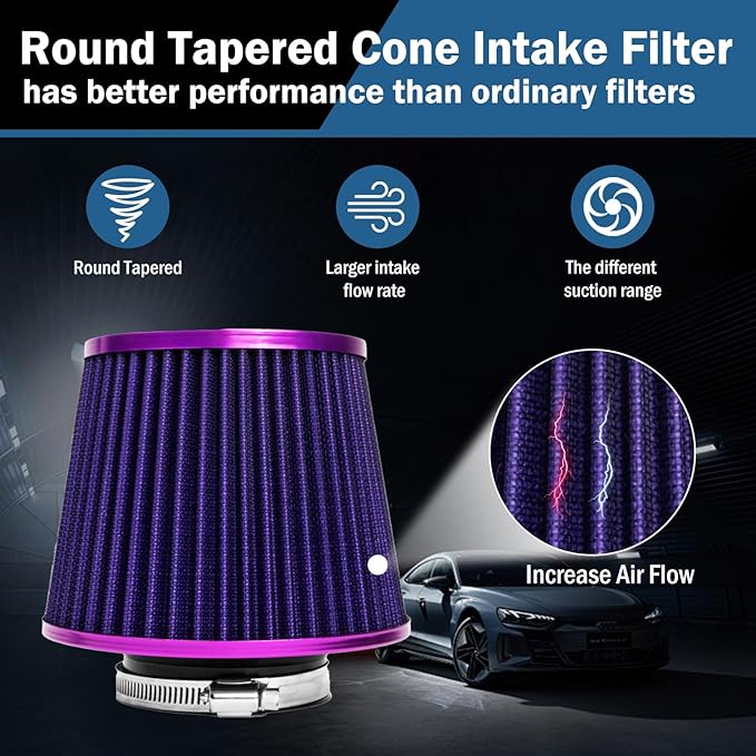 Universal Clamp-On Air Intake Filter, High Performance, Washable Filter, Replacement Air Filter, Flange Diameter 3inch/76mm (Purple)