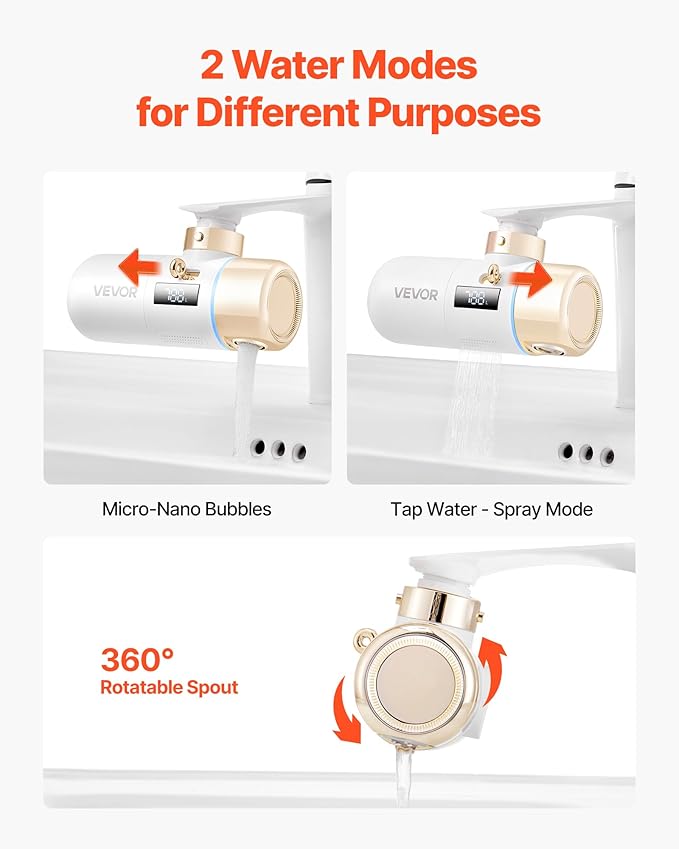 VEVOR Skincare Water Filter, Faucet Mount Water Filters with Micro-Nano Bubble for Skin, Sink Tap Purifier, Removes Chlorine with 1 Filter, for Kitchen and Bathroom Faucets, White + Gold