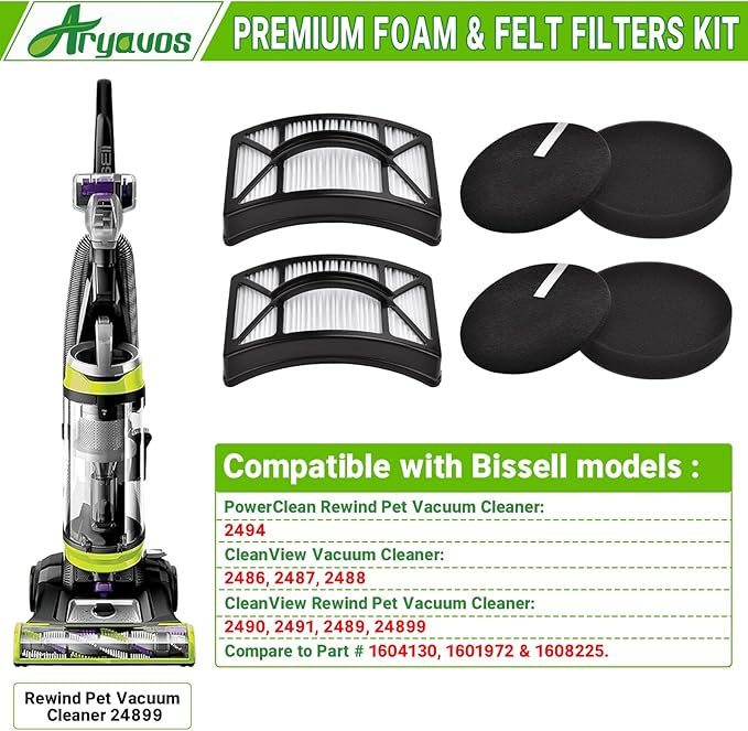 Filter Replacement for Bissell CleanView 2486, 2487, 2488, 2489, 24899, 2490, 2491, 2492, PowerClean 2494 Vacuum, Compare to Part # 1608225, 1604130, 1601972, 2 HEPA +2 Foam & Felt Filters