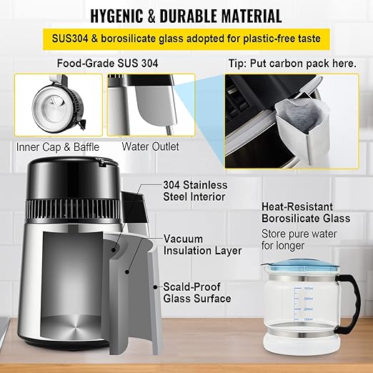 VEVOR Water Distiller, 304 Stainless Steel Countertop Water Stiller, 0.3Gal/H, 0-99H Timing Dual Temp Display, 1.1Gal Distilled Water Maker Machine, Glass Carafe, 3 Carbon Bags, Citric Acid Powder