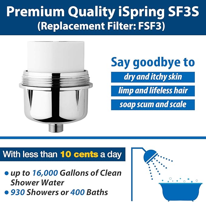 iSpring SF3S 15-Stage High Output Universal Shower Filter with Replaceable Cartridge, Better Skin, Softer Hair, and Stronger Nails, Chrome