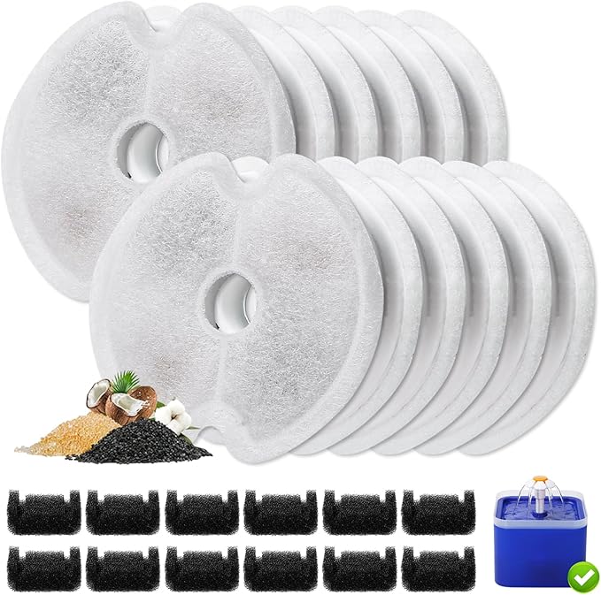12 Packs Cat Water Fountain Filters for Ultra Silent Cat Fountain 67oz/2L with LED Night Light, Triple Filtration System Activated Carbon Filter with Pre-Filter Sponges for Pet Water Fountain
