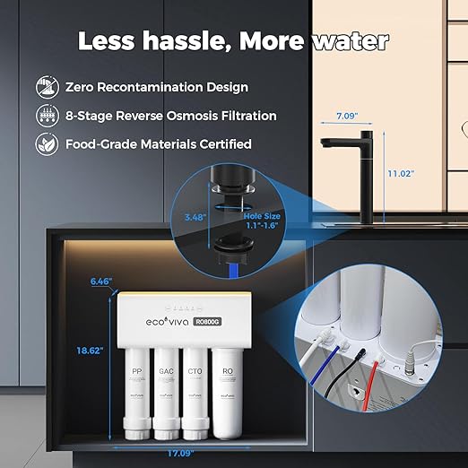Ecoviva UnderSink Reverse Osmosis RO 800GPD Water Filter Filtration System, Alkaline Water pH 7-8, 8-Stage Filtration, 3:1 Pure-to-Drain Filter