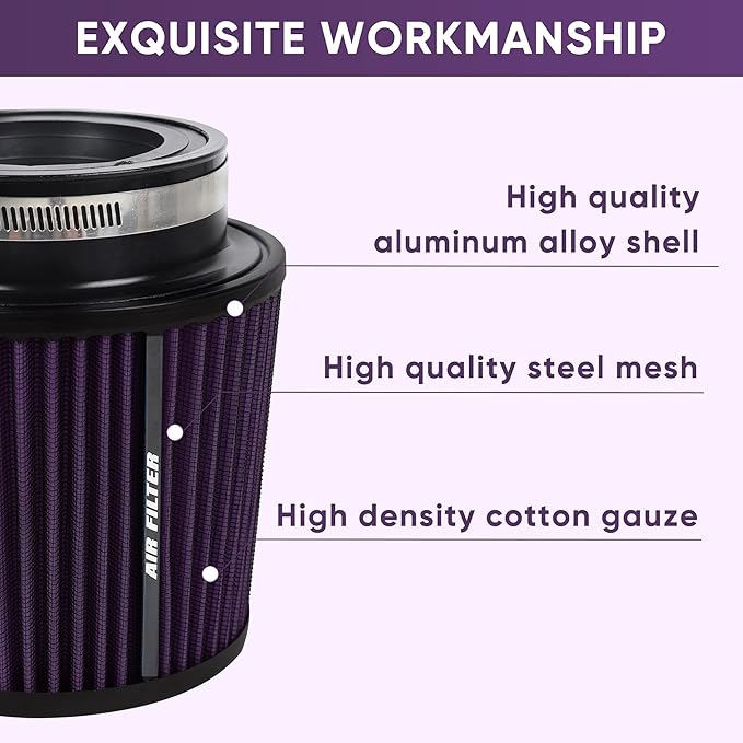 4 Inches Cold Air Intake Filter 3" or 3.5" or 4" High Performance Washable Clamp-On Replacement Cone Air Filter 3 in 1 Size Purple