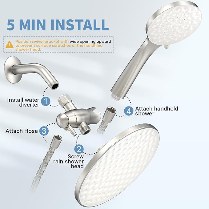 8.6 inch High Pressure 3-Way Shower Heads Combo, Pulsating Rainfall Shower Head, 6-Settings Dual Shower Head with Handheld Hose 6ft Brushed Nickel