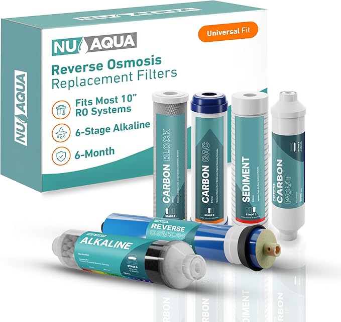 NU Aqua Reverse Osmosis Water Filter System Replacement Set - 6 Stage Alkaline Under Sink Kit - Includes Membrane, Sediment, Carbon Filters & Fittings - Universal Undersink RO Filtration Cartridge