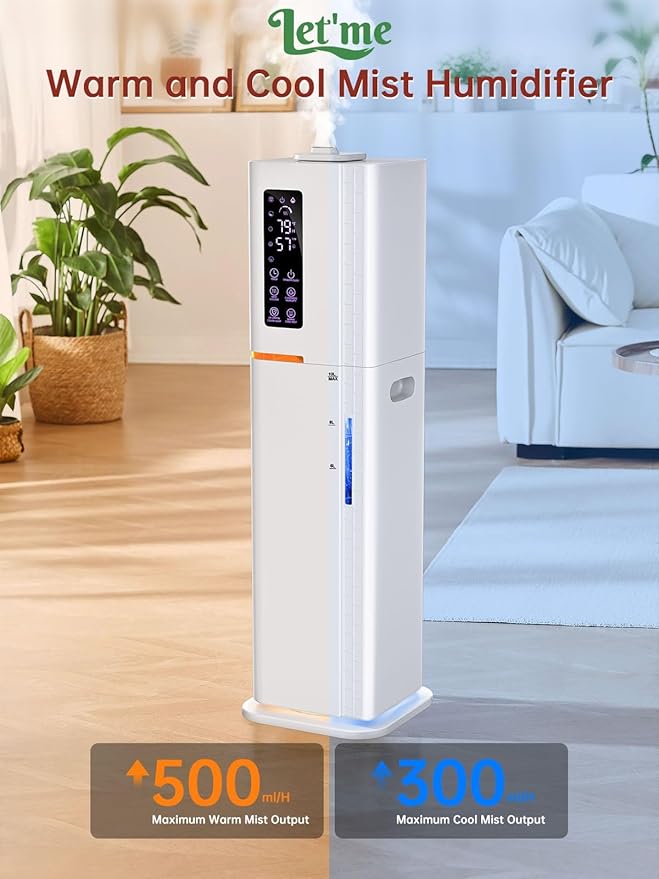 2.64Gal Humidifiers for Bedroom Large Room, Warm and Cool Mist up to 500ft², Top Fill Diffuser Ambient Light, 3 Mist Modes, 24H Timer,35dB Quiet Humidifier for Home Office Plant