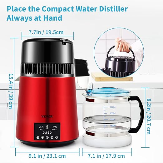 VEVOR 1.1Gal Water Distiller, 0.3Gal/H, Distilled Water Maker Machine 750W 0-99H Timing Dual Temp Display, 304 Stainless Steel Countertop Distiller Glass Carafe Cleaning Powder 3 Carbon Packs, Red