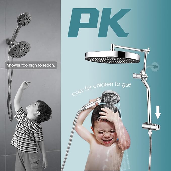 14" x 8" Rectangle High Pressure Rainfall Shower Head with Handheld Combo, 6 Setting Handheld Shower Head, Adjustable Height Shower Extension Arm and Slide Bar for Easy Reach - Chrome