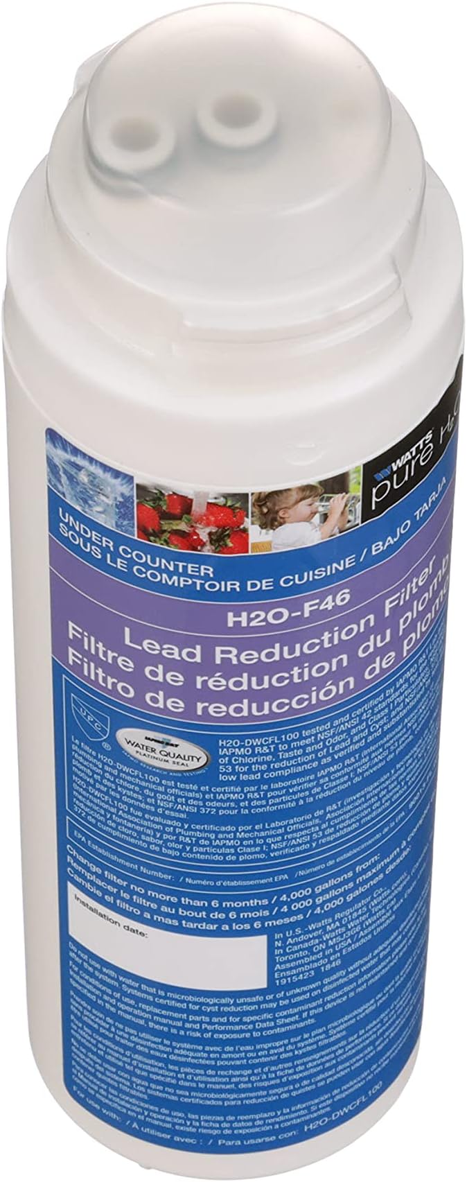 Watts Premier 0.5 Micron Lead Reduction Filter for Pure H2O Lead Filtration System H2O-DWCFL100, Flow Rate 1.5 GPM, 1/4 Turn Quick Change, Reduces Sediment, Chlorine Taste & Odor