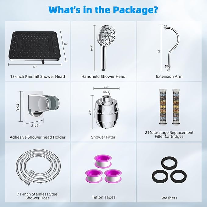 Hibbent Upgraded 5-spray 13'' Dual Filtered Rainfall Shower Head Combo, High Pressure 10-setting Handheld Shower Head with 12'' Adjustable Extension Arm, 20 Stage Shower Filter, 71'' Hose, Chrome