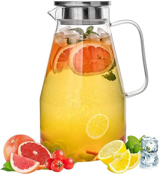 Glass Pitcher with Lid,1 Gallon Glass Water Pitcher Hot/Cold Water Jug, Juice and Iced Tea Beverage Carafe with Lid (Extra-Wide Mouth)