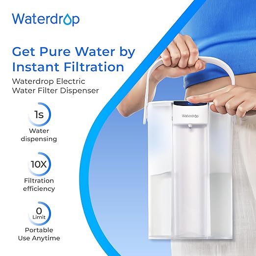 Waterdrop Rechargeable Water Filter Pitcher, Reduce 99.6% of Lead and 45+ Impurities, 6-Month Electric Water Dispenser, Instant 15-Cup Countertop System, NSF/ANSI 401&53&42&372, NOT Reduce TDS