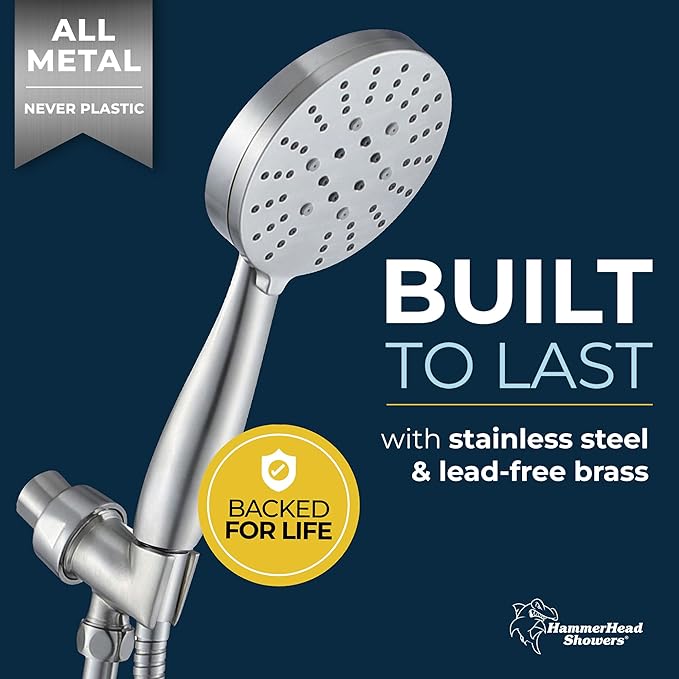 HammerHead Showers® Solid Metal 3-Spray Handheld Shower Head with Long Hose and Holder - BRUSHED NICKEL - 2.5 GPM High Pressure Shower Head with Handheld Sprayer - WIDE, MASSAGE, and MIST Sprays