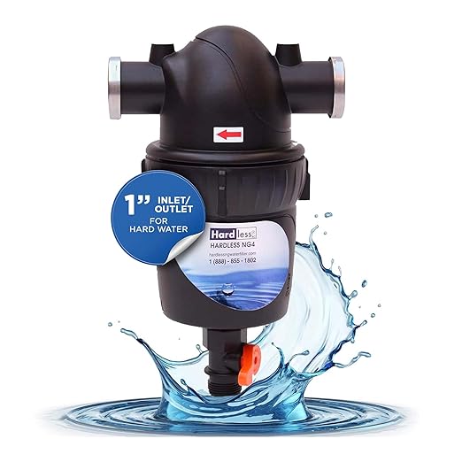 Hardless NG4 Whole House Water Filter - Salt-Free Softening Device - Reduces Limescale, Sediment & More - Compact, Easy to Install - Comes w/ 1" Inlet/Outlet- Filtration System for Hard Water