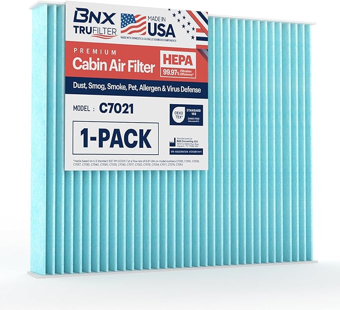 BNX TruFilter C7021 Cabin Air Filter, HEPA 99.97%, MADE IN USA, Compatible With Ford Explorer, Flex, Police Interceptor Sedan/Utility, Special Service Police Sedan, Taurus, Lincoln MKS, MKT