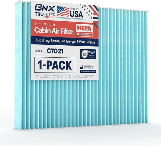 BNX TruFilter C7021 Cabin Air Filter, HEPA 99.97%, MADE IN USA, Compatible With Ford Explorer, Flex, Police Interceptor Sedan/Utility, Special Service Police Sedan, Taurus, Lincoln MKS, MKT