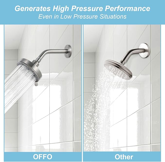OFFO Shower Head, High Pressure Shower Head with Pause Mode, 9 Mode Fixed Showerheads for Strong Water Flow & Relaxing Shower Experience, Brushed Nickel