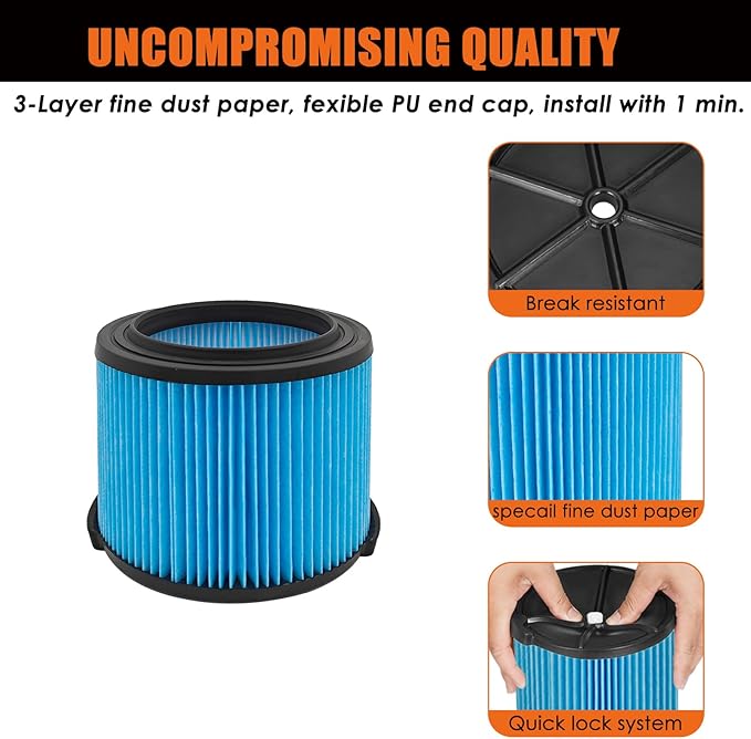 VF3500 Filter Replacement for Ridgid 4 Gallon Shop Vaccum, 26643 Fine Dust Filter for 3/4/4.5 Gallon Wet Dry Portable Vacuums, Replaces WD40700, WD30500-2 Pack