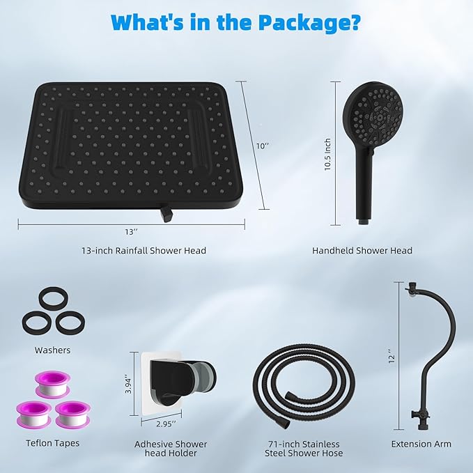 Hibbent Upgraded 5-spray 13'' Shower Head, High Pressure Rainfall Shower Head, Dual Showerhead Combo with 10-mode Handheld Spray, 12'' Adjustable Extension Arm, 71'' Hose, Shower Holder, Matte Black