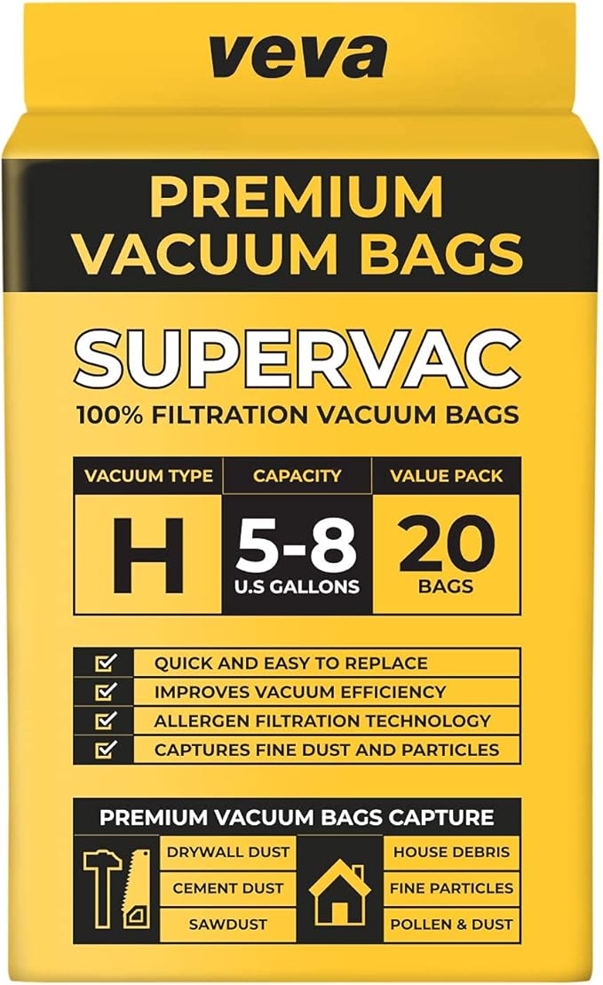 20 Pack, 5-8 Gallon Filter Bags for Shop Vac Vacuum - Type H 90671 - High-Efficiency Vacuum Bags