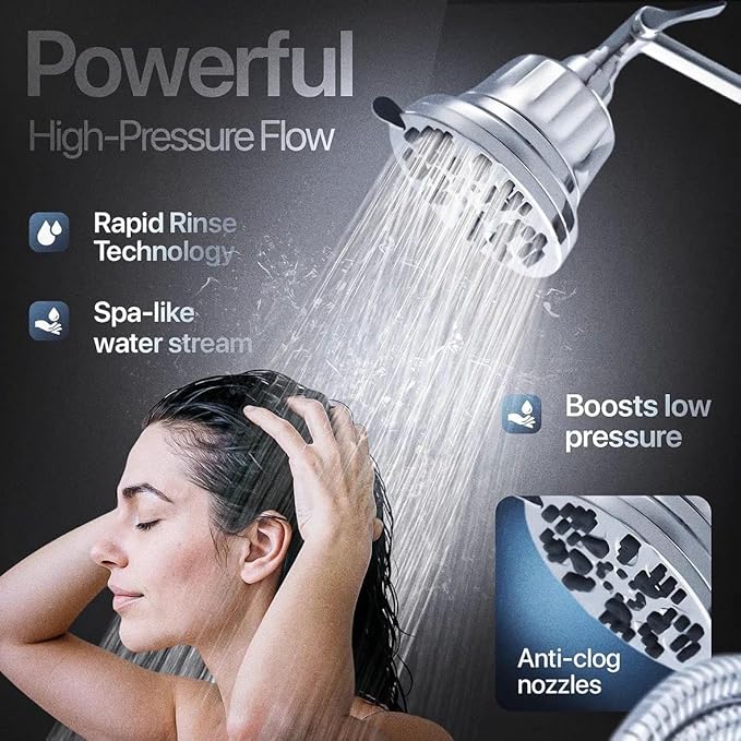 AQUAZEN® Dual Filtered Shower Head Combo | Rainfall + Handheld | 6 Spray Modes | High Pressure | Flexible Mount | Hard Water Filtration | 60" Hose | Chrome Finish