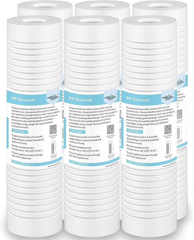 Membrane Solutions Grooved Sediment Water Filter Cartridge (Pack of 6), 5 Micron Whole House Water Filter Universal Replacement 10"x2.5" for 10 inch RO Unit, Whole House Under-Sink Filtration System