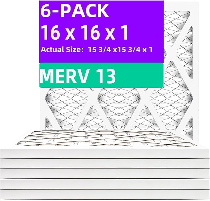 16x16x1 MERV 13 (6-Pack) Pleated Air Filter (Actual Size: 15.75"x15.75"x0.75") MPR 1900 & FPR 10, Furnace Air Filters,16x16x1 air filter