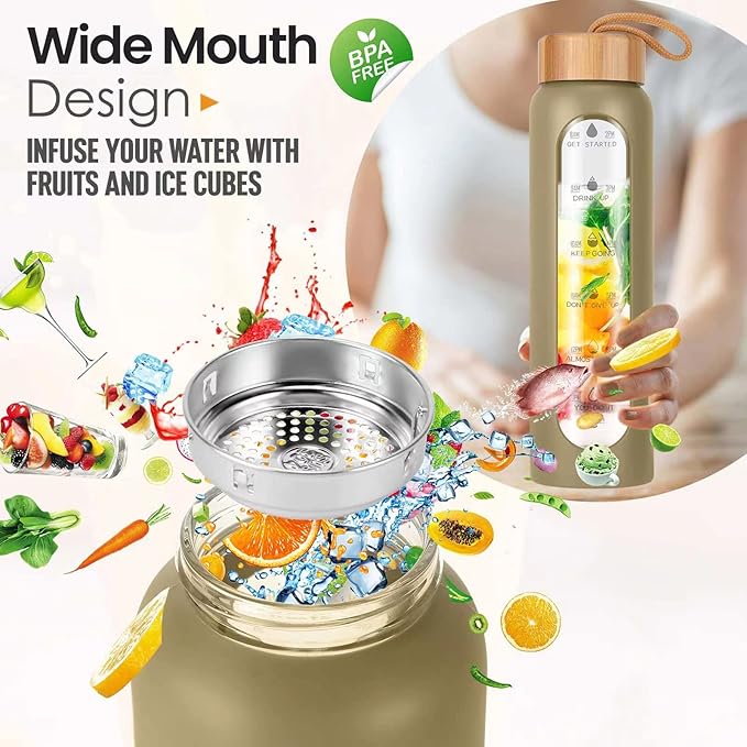 Aqulea Glass Water Bottles 32 Oz with Silicone Sleeve - BPA Free Reusable Wide Mouth Glass Motivational Water Bottles with Fruit Infuser – Leak Proof Borosilicate Water Bottle with Time Marker (Champ)