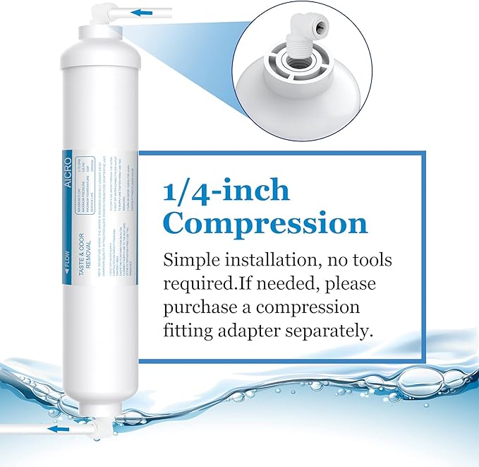 Inline Water Filter for Ice Maker, Refrigerator, Under-Sink Reverse Osmosis Water System, Post Activated Carbon Water Filter Replacement Cartridge with 1/4-Inch Compression-Connect (Pack of 2)
