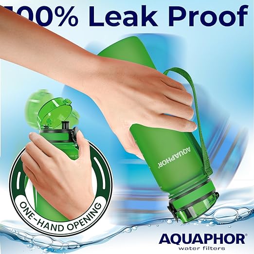 Nakii Filtered Water Bottle, Leakproof, BPA-Free, Motivational Markings, Travel, Everyday Use. 40-Gallon Filter, Replaces 300 Plastic Water Bottles. Includes 1 Filter, 22 FL Oz, Green by Aquaphor