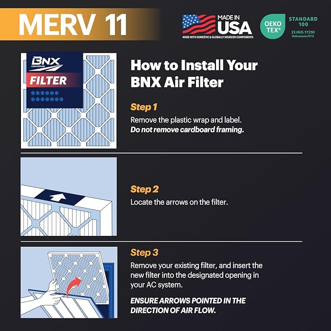 BNX TruFilter 16x25x1 Air Filter MERV 11 (6-Pack) - MADE IN USA - Allergen Defense Electrostatic Pleated Air Conditioner HVAC AC Furnace Filters for Allergies, Dust, Pet, Smoke, Allergy MPR 1200 FPR 7