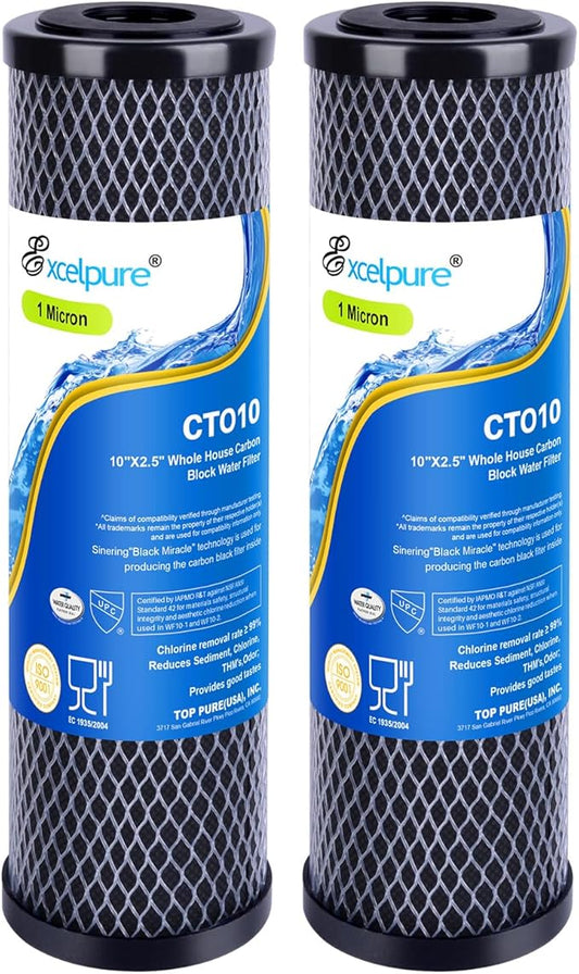 1 Micron 10" x 2.5" Whole House CTO Carbon Water Filter Cartridge Replacement for Home Countertop System, Dupont WFPFC8002, WFPFC9001, FXWTC, SCWH-5, WHEF-WHWC, WHCF-WHWC, CTO10, T01, 2PACK