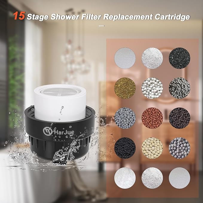 HarJue 15 Stage Shower Filter Replacement Cartridge, Universal High Output Filter for Hard Water, Removes Chlorine and Harmful Substances, Body Caring, Fit Any Similar Shower, 2 Pack