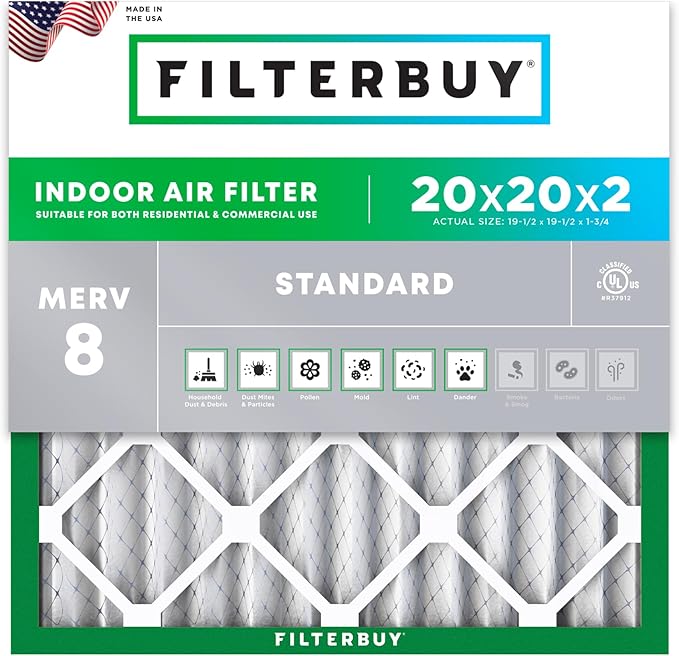Filterbuy 20x20x2 Air Filter MERV 8 (MPR 700) Dust Defense Replacement (1-Pack), Electrostatic Pleated HVAC AC Furnace Filters, Made in USA (Actual Size: 19.50 x 19.50 x 1.75)
