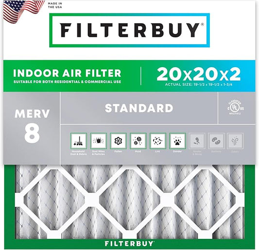 Filterbuy 20x20x2 Air Filter MERV 8 (MPR 700) Dust Defense Replacement (1-Pack), Electrostatic Pleated HVAC AC Furnace Filters, Made in USA (Actual Size: 19.50 x 19.50 x 1.75)