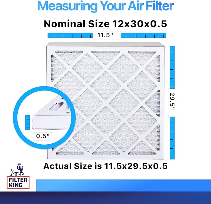 Filter King 12x30x0.5 Air Filter | 4-PACK | MERV 8 HVAC Pleated A/C Furnace Filters | MADE IN USA | Actual Size: 11.5 x 29.5 x 0.5"