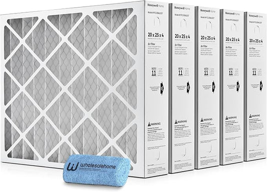 Honeywell 20x25x4 Air Filter Replacement MERV 11, FC100A1037 Pleated HVAC AC Furnace Filters with Wholesalehome Cleaning Cloth, 5-Pack (Actual Size: 19.94 x 24.88 x 4.38 Inches)