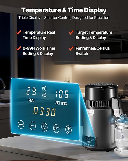 VEVOR Water Distiller, 4L 1.1 Gallon Pure Water Purifier Filter for Home Table Countertop, 750W Distilled Maker with Glass Pot, Stainless Steel Interior Drinking Machine to Make Clean Waters, Grey