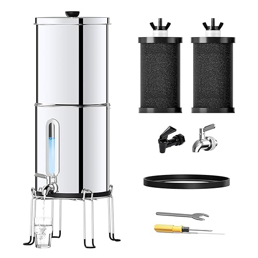 1.5G Gravity-fed Water Filter System - NSF/ANSI 42&372 Certified 18/8 Stainless Steel Countertop Water Filtration System - Water Level Window, Reduce 99.9% of Chlorine, for Camping, RVs