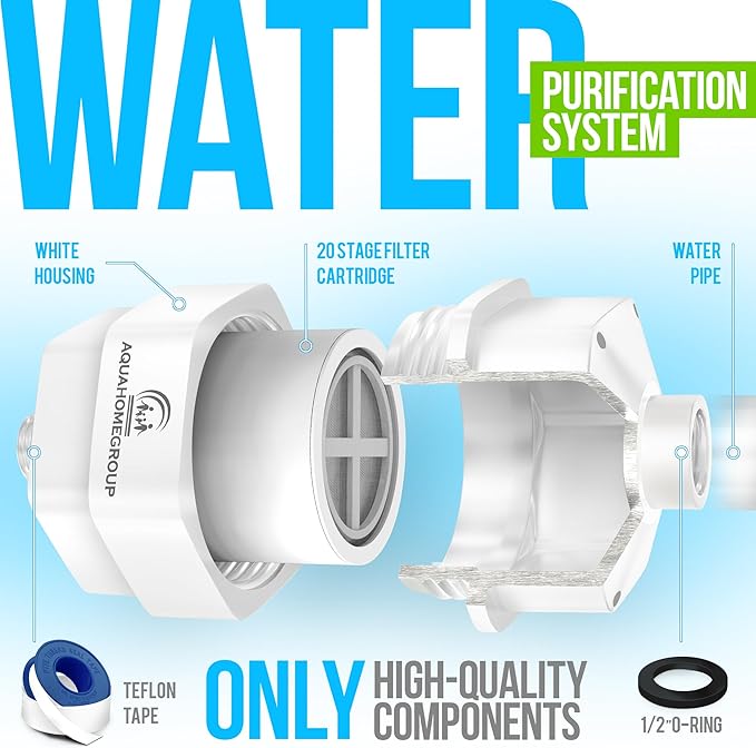 AquaHomeGroup 20 Stage Shower Filter for Hard Water - High Output Universal Shower Head Filter for Chlorine, Fluoride, Heavy Metals - Vitamin C E Shower Water Filter for Hair and Skin (White)