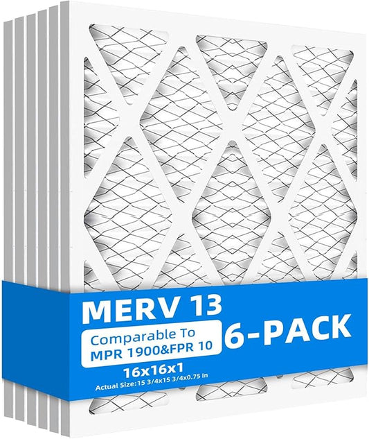 (6 Pack) 16x16x1 Furnace Air Filters, MPR 1900 & FPR 10, MERV 13 Pleated Air Filter (Actual Size: 15.75" x 15.75" x 0.75")