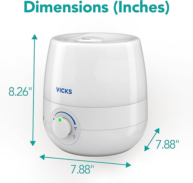 Vicks NaturalCare Cool Mist Ultrasonic Humidifier (VUL530), White, Small Room – Humidifier and Diffuser with Nighttime Light, Works with Vicks VapoPads