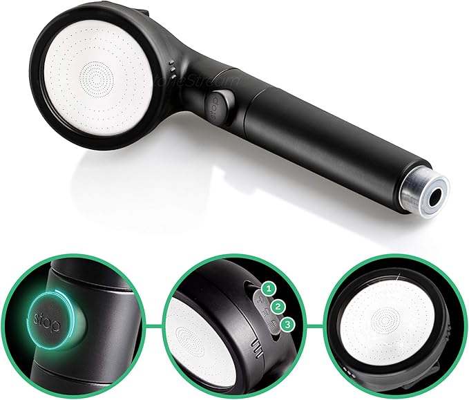 Original StoneStream® EcoPower Shower Head System — Spa Like Ionic Vitamin C Filter to Soften Water, Increase Pressure & Save Water — Showerhead With 3 Spray Settings — Matte Black